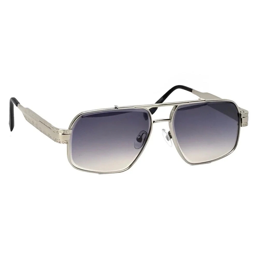 Mens Silver Square Aviator‎ Sunglasses Smoke Gradient Lens Engraved Metal Frame